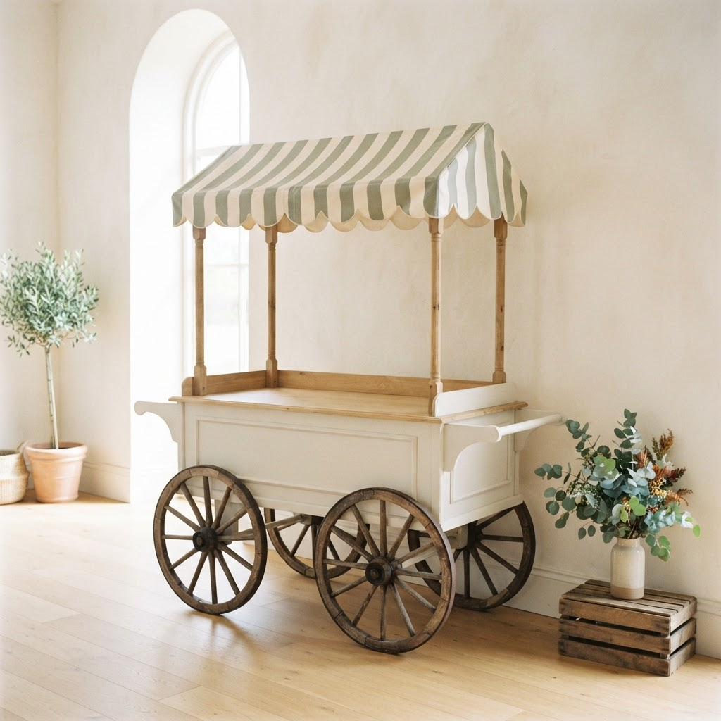 A clean white vintage event cart ready for a DIY setup