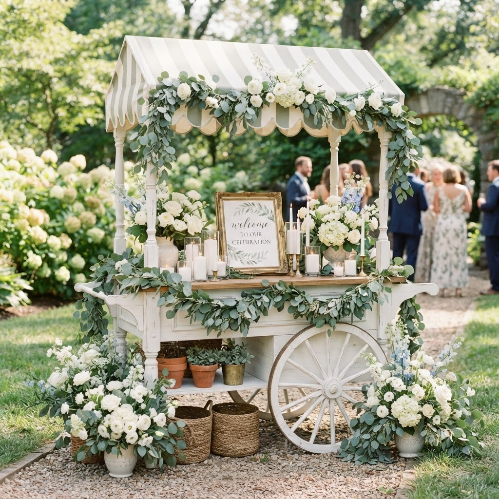 A white event cart styled with greenery, signage, and decor